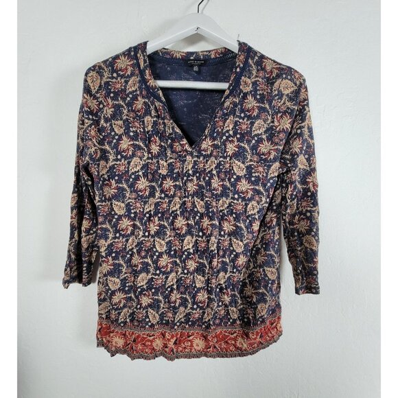 Lucky Brand Womens Floral Boho Print 3/4 Sleeve V-neck Top Large Blue Red Casual - Picture 1 of 9